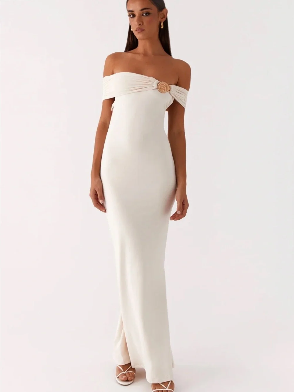 Peppermayo Cream Off-Shoulder Backless Column Gown with Rosette